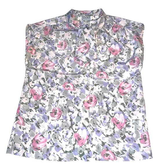 Vintage 80’s Cap Sleeve Button Front Cravat Bow Blouse Russ Petites Florals PM - Picture 1 of 8